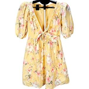 Women's Abercrombie Small Babydoll Milkmaid Midi Dress Yellow Floral Puff Sleeve